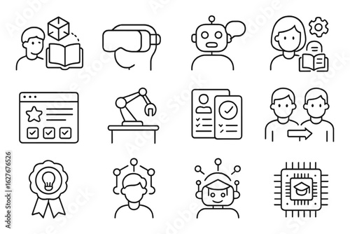 Learning Innovation Icons. Line style icons of learning innovation: AR learning icon, VR headset icon, AI tutor bot, adaptive