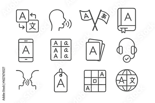 Language Learning Icons. Line style icons of language learning: word translation icon, pronunciation icon, language flags, grammar