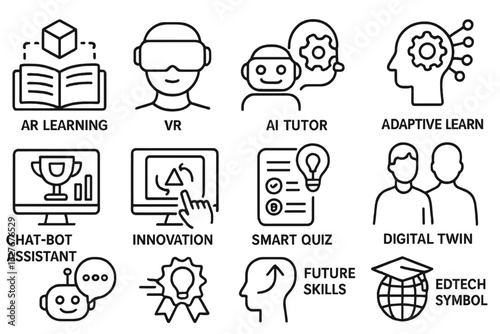 Learning Innovation Icons. Line style icons of learning innovation: AR learning icon, VR headset icon, AI tutor bot, adaptive