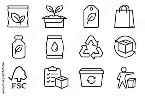 Sustainable Packaging Icons. Line style icons of sustainable packaging: biodegradable wrap, compostable box, eco-friendly label,