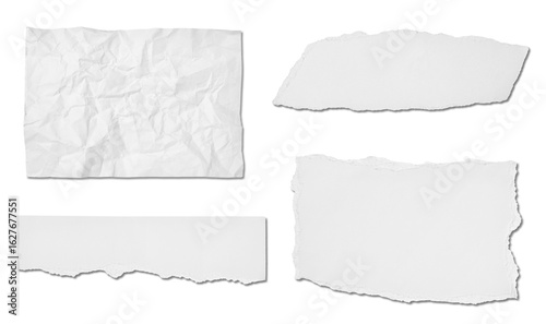 collection of  white ripped pieces of paper on white background. each one is shot separately