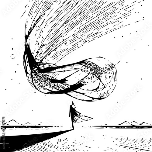 A lone figure stands on a desolate landscape beneath a swirling vortex of dark energy in the sky