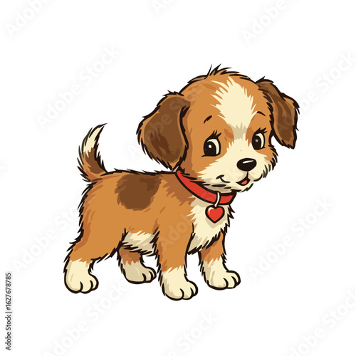 Isolated, transparent background. Cute cartoon dog with brown fur and a collar standing happily  