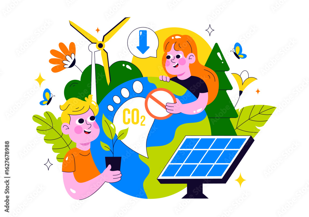 Naklejka premium Carbon Footprint Reduction Illustration featuring Environmental Pollution Effect Analysis with CO2, Impact on Nature, Climate, and Global Eco Balance