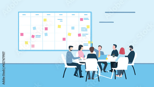 Team meeting around a table with a whiteboard covered in sticky notes in a light blue office room