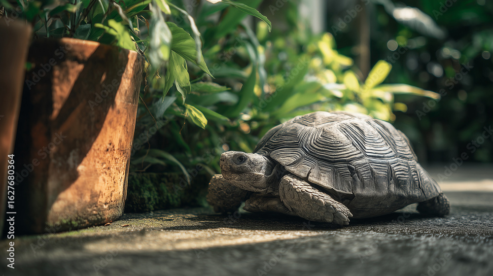 Naklejka premium ai tortoise exploring a lush garden path in bright sunlight during midday hours, showcasing vibrant green foliage