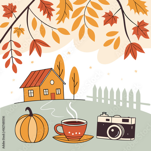 Illustration of a cozy autumn scene with a house, leaves, pumpkin, coffee, and camera in a serene setting
