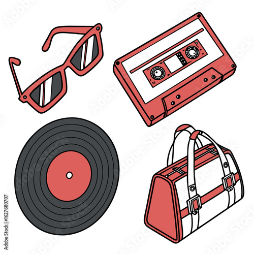 Illustration of a vinyl record cassette tape sunglasses and duffel bag with red and black outlines