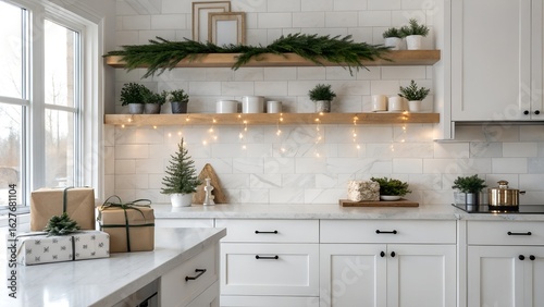 Elegant Festive Kitchen with Marble Backsplash and Warm Lighting