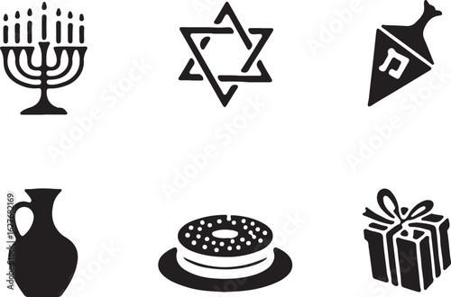 Celebrate Hanukkah with menorah, dreidel, star, gift, cake, jug