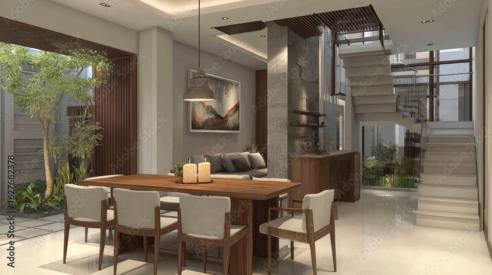 Fototapeta premium Spacious modern dining area with a spiral staircase.