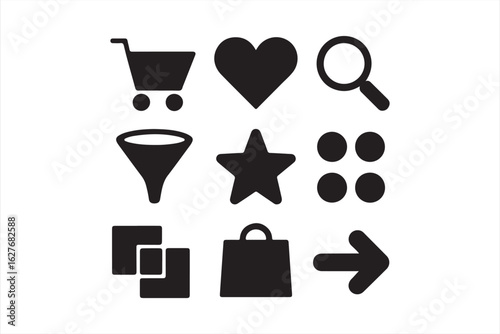 Collection of icons for shopping experience, including cart, favorites, and search