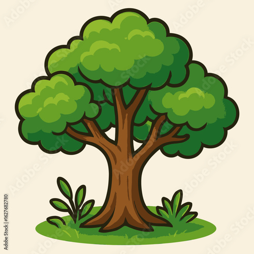 illustration with a thick, medium brown trunk and wide, branching limbs