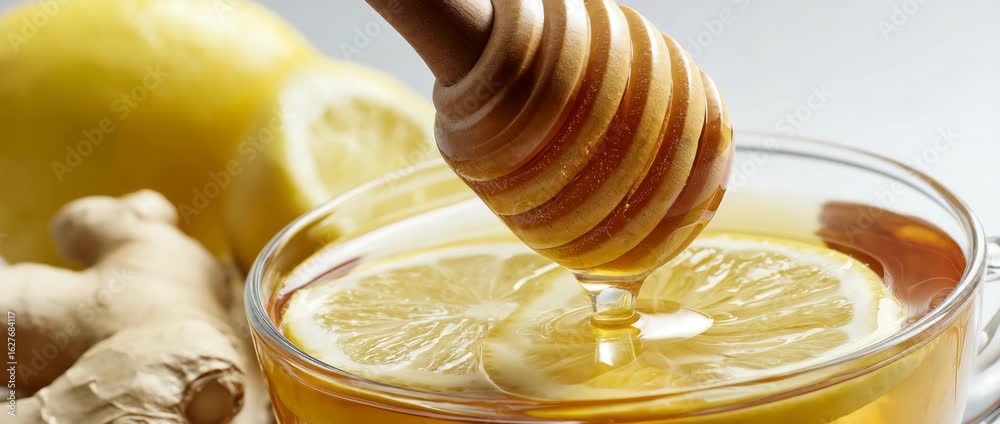 Ginger lemon tea with honey falling from the glass cup's top into water including fresh ginger root and lemon slices