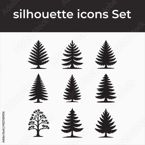 Collection of black pine tree silhouettes on white background fir tree spruce tree