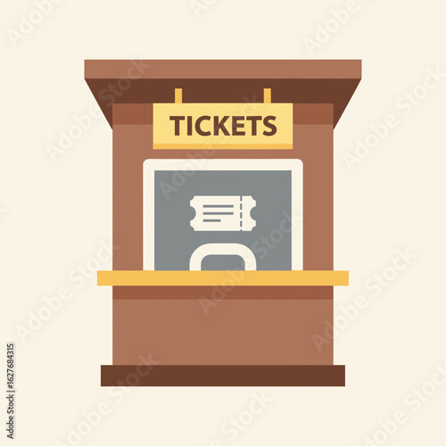 A brown tickets booth with a sign and a ticket icon inside.