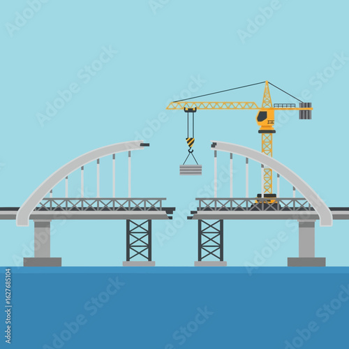 Bridge construction with crane over water against light blue background illustration.
