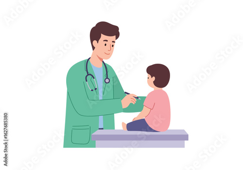Doctor Examining a Child Patient with Stethoscope and Pen in Clinic