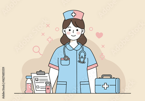 Cartoon Nurse with Stethoscope, Medical Kit, and Clipboard Illustration