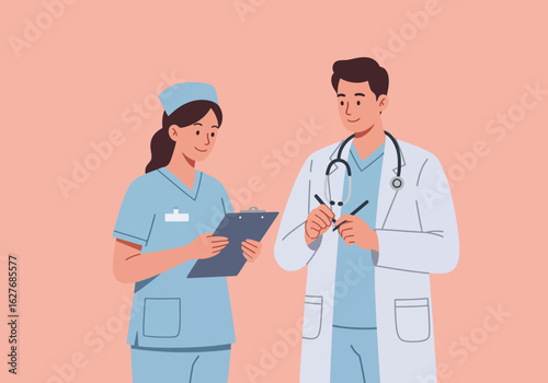 Doctor and Nurse Discussing Patient Information on a Clipboard