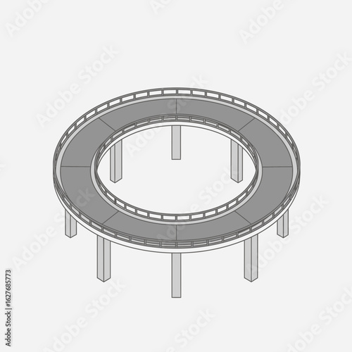 Circular structure with gray surface supported by white pillars on a white background.