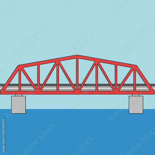 Red bridge over blue water with a light blue sky background.