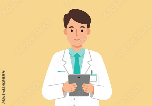 Cartoon Doctor Holding Tablet in White Coat