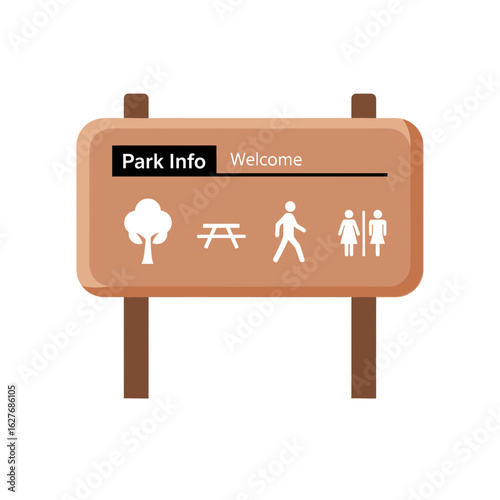Park information sign with icons for tree picnic area walking and restrooms.