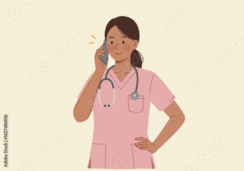 Smiling Nurse in Pink Scrubs Talking on Phone with Stethoscope