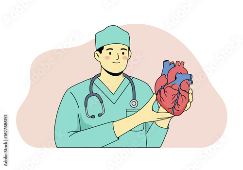 Cartoon Doctor Holding a Human Heart Model for Medical Illustration