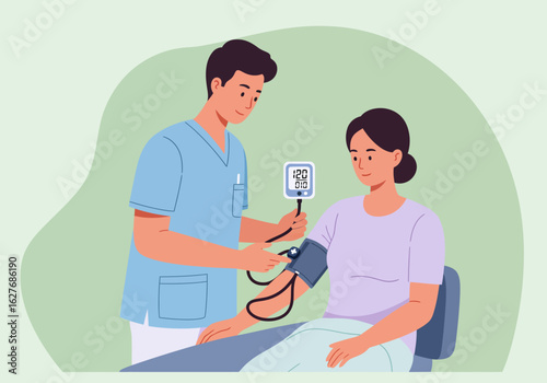 Nurse Taking Patient's Blood Pressure with Digital Monitor in Clinic