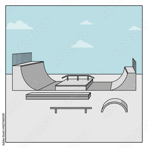 Skate park illustration with ramps rails and other obstacles against a blue sky.