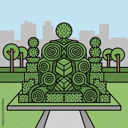 Green topiary sculpture in a park with trees and city skyline background.