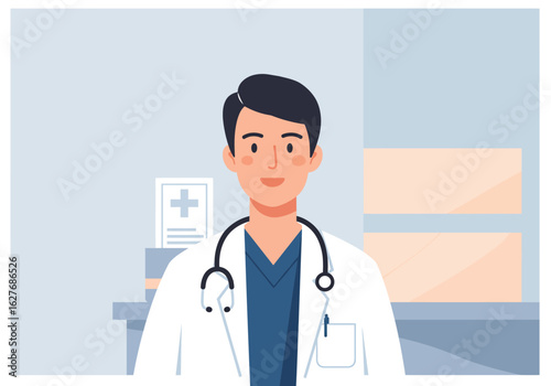 Smiling Doctor in White Coat with Stethoscope, Medical Professional Illustration
