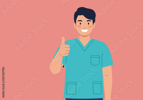 Smiling Male Nurse Giving Thumbs Up Gesture in Blue Scrubs