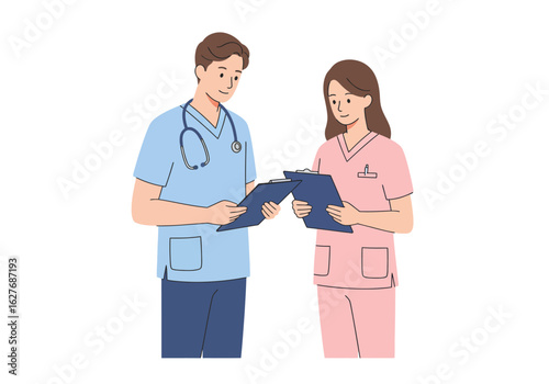 Two Medical Professionals Reviewing Charts in Uniforms