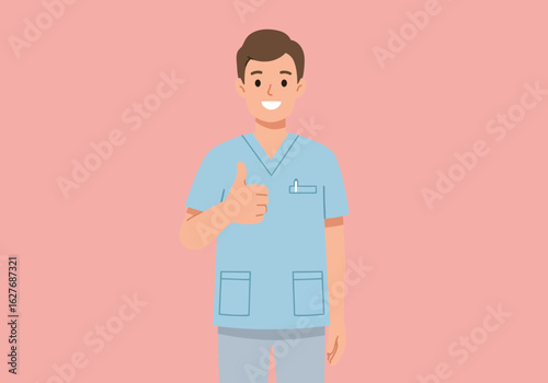 Cartoon Doctor Giving Thumbs Up in Blue Scrubs on Pink Background