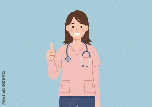 Smiling Nurse Giving Thumbs Up with Stethoscope on Blue Background