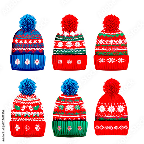 Knitted hat, clothes on the theme of Christmas and new year. Vector illustration. Seasonal warm woolen hat decorated with a pompom, insulated on a white background
