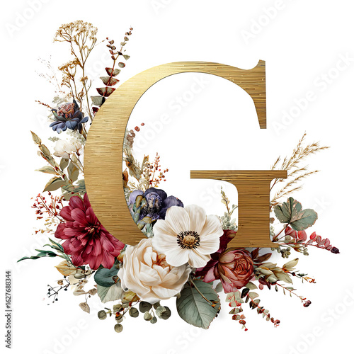 Elegant floral arrangement featuring a large golden letter G surrounded by colorful blooms and greenery, creating a stunning decorative piece for various design projects