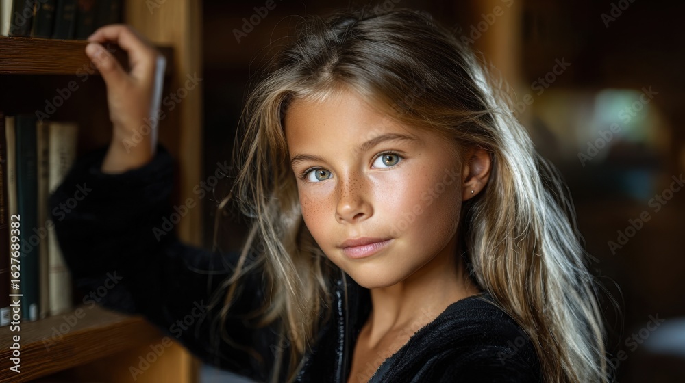 Fototapeta premium Girl browsing vintage books in school library