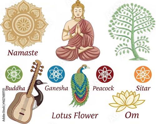 Hindu Spiritual Symbols: Namaste, Buddha, Ganesha, Peacock, Sitar, Lotus Flower, and Om