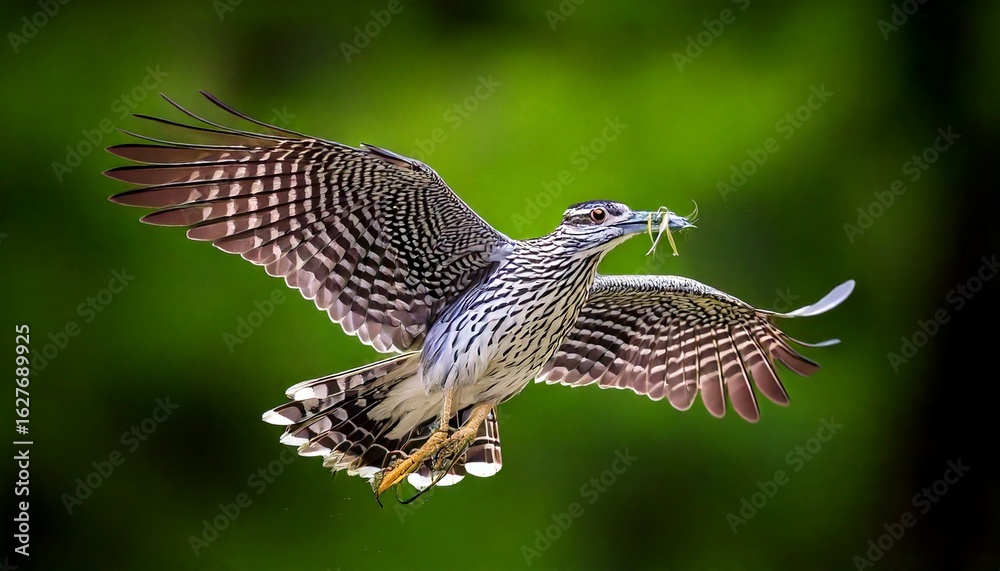 Fototapeta premium Greater Roadrunner in Flight with a Grasshopper