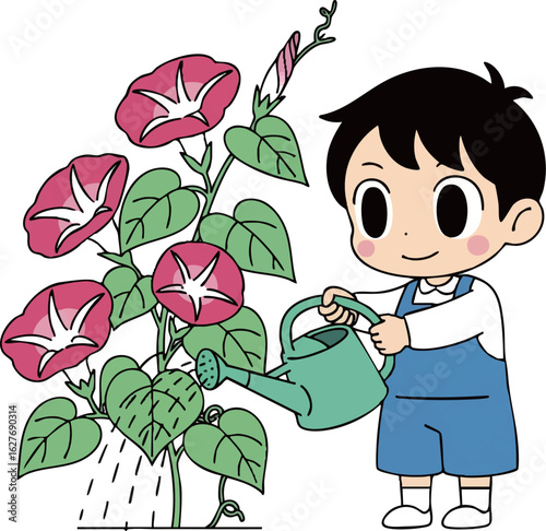 朝顔に水をやる子ども_夏の植物観察アニメイラスト