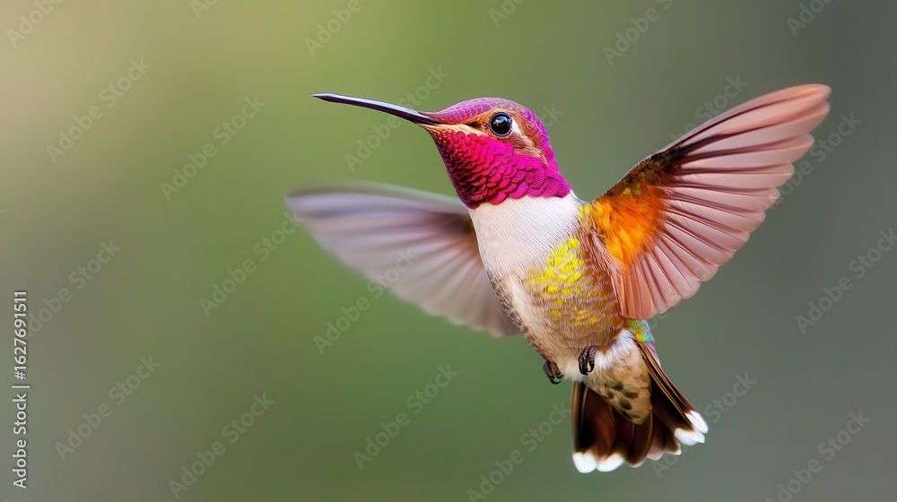 Fototapeta premium A vibrant hummingbird in mid-flight, showcasing its colorful plumage against a soft, blurred background.