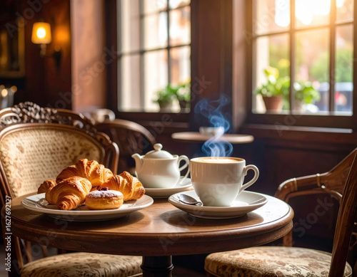 Wallpaper Mural Cozy cafe corner features steaming cup of coffee alongside plate of fresh pastries, creating warm and inviting atmosphere Torontodigital.ca