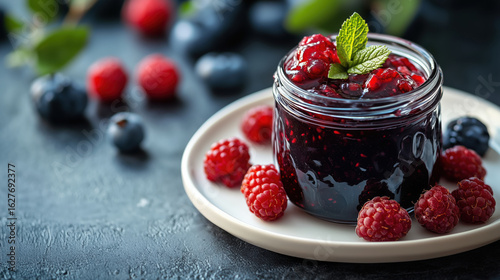 Wallpaper Mural Glass jar filled with homemade berry jam topped with mint, surrounded by fresh raspberries and blueberries on dark textured table. Torontodigital.ca