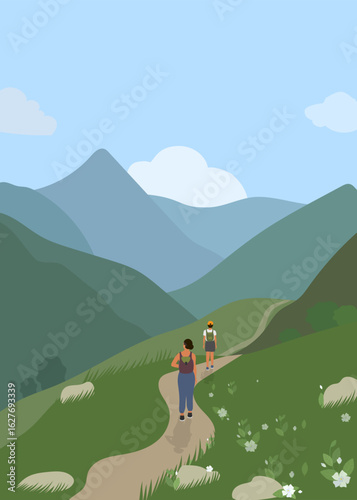 Tourists walk along a mountain trail amidst picturesque landscapes