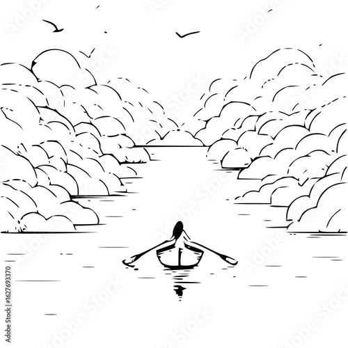 Person rowing a boat on a calm river with cloudy skies and birds flying overhead in black and white style