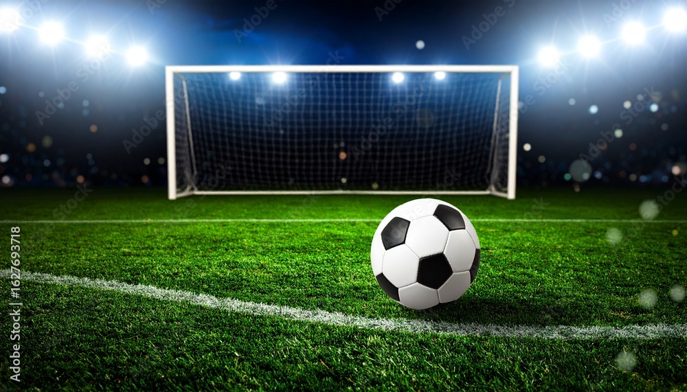 Fototapeta premium A soccer ball sits in front of goalpost on a bright green field.